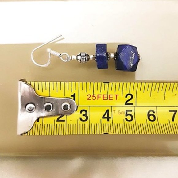 Genuine Blue Lapis Lazuli Dangled Earrings 925 Silver French Wire Pierced Ears - Picture 9 of 9